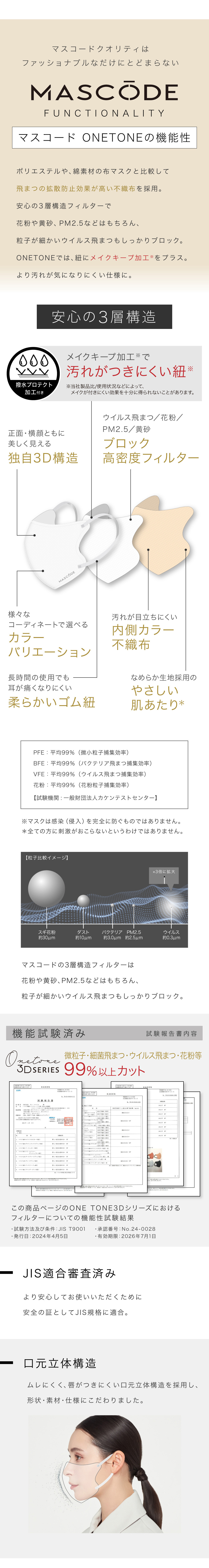 マスコードクオリティはファッショナブルなだけにとどまらない。【マスコードONETONEの機能性】ポリエステルや、綿素材のマスクと比較して飛まつの拡散防止効果が高い不織布を採用。安心の3層構造フィルターで花粉や黄砂、PM2.5などはもちろん、粒子が細かいウイルス飛まつもしっかりブロック。NOETONEでは、紐にメイクキープ※加工をプラス。より汚れが気になりにくい仕様に。（※当社製品/使用状況などによって、メイクが付きにくい効果を十分に得られないことがあります。）①正面・横顔ともに美しく見える独自3D構造②メイクキープ加工で汚れが付きにくい紐③ウイルス飛まつ/花粉/PM2.5/黄砂をブロック高密度フィルター④様々ンコーディネートで選べるカラーバリエーション⑤長時間の仕様でも耳が痛くなりにくいやわらかいゴム紐⑥汚れが目立ちにくい内側カラー不織布⑦なめらか生地採用の優しい肌あたり